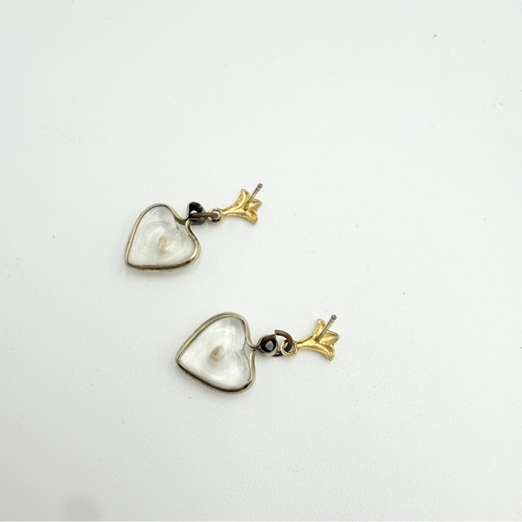 Vintage Gold Heart Drop Earrings with Clear Resin and Floral Detail - Picture 3 of 7